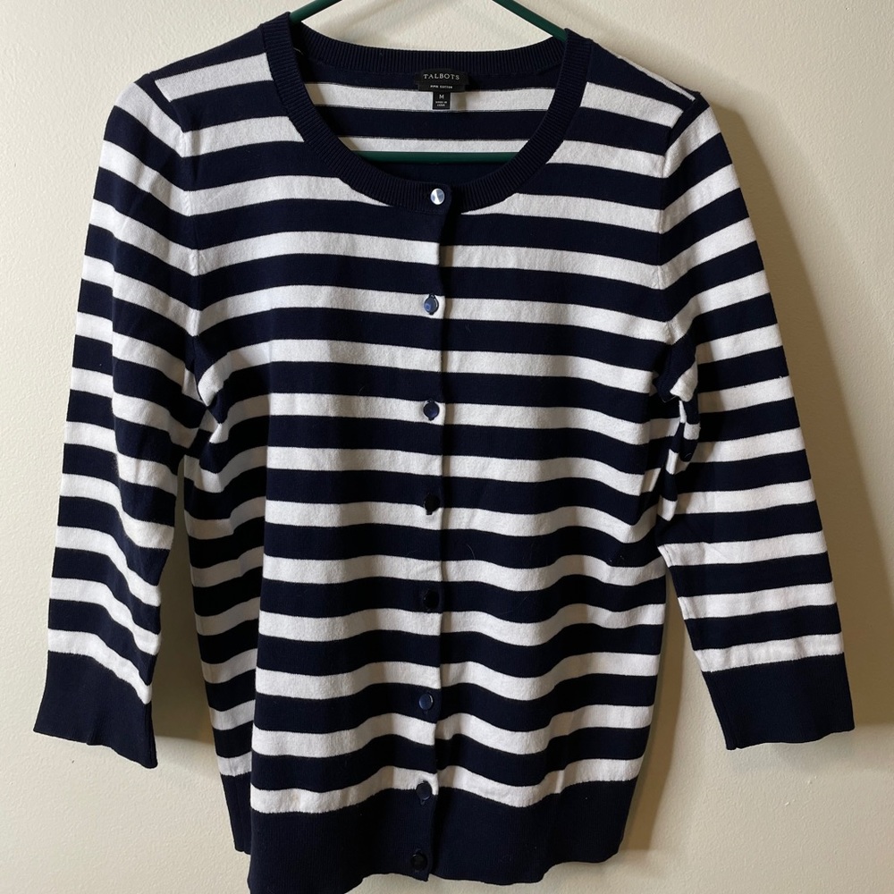 Talbots blue and white stripe cardigan sweater